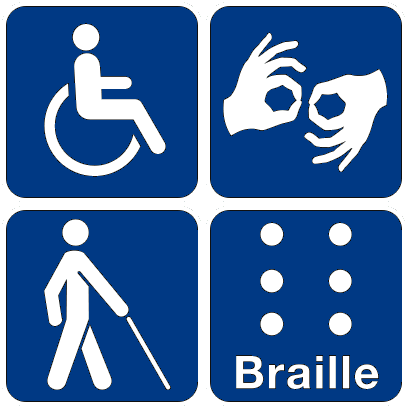 A square is divided into four sections containing icons. Clockwise from top left; a handicap person in a wheelchair, hands signing in ASL, a Braille cell, a person walking with a cane.