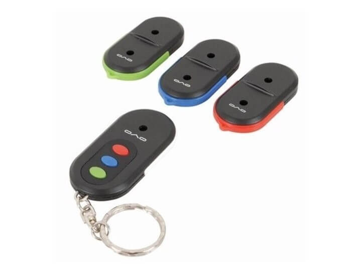 A set of item locators: a pager with three color-coded buttons and three individual receivers (green, blue and red).