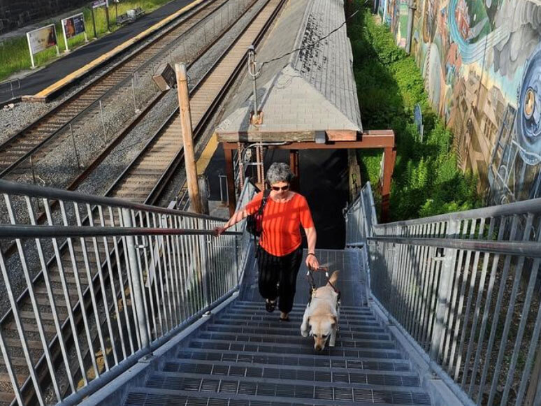 Jennifer Harnish,Director of Rehabilitation Services, walks up a flight of stairs with her guide dog at the Natick T station.