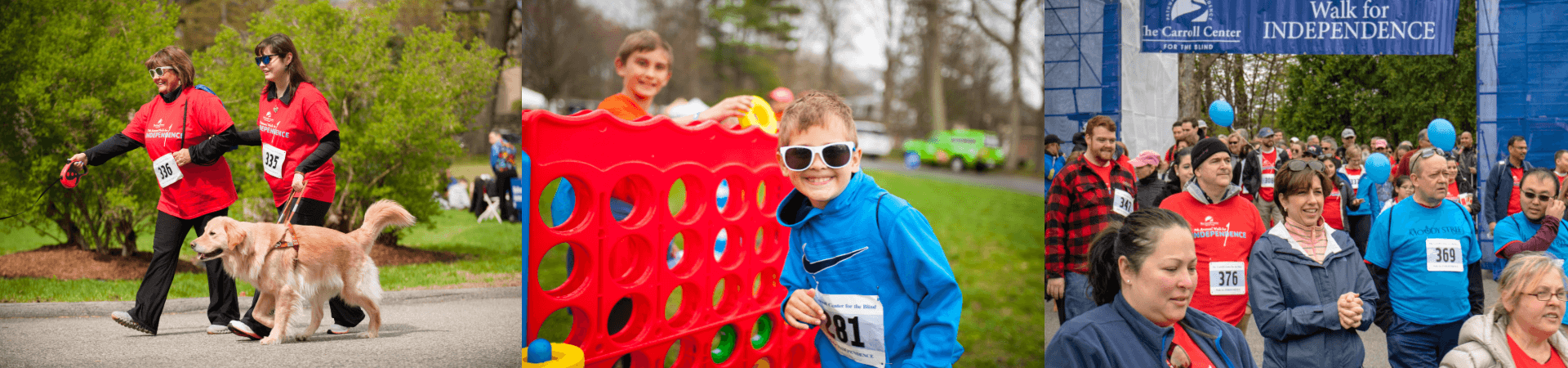 Collage of 3 images. From left to right; a mother and daughter head toward the finish line; two kids laugh while playing a game of giant connect four; a large crowd of walkers head through the start gate.