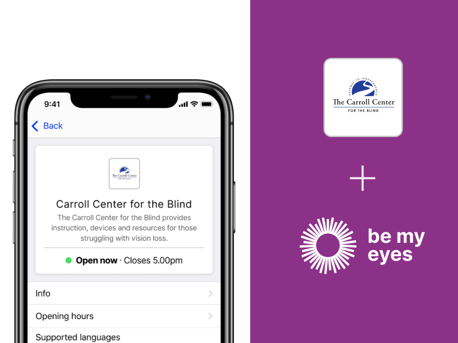 Smartphone displaying the Carroll Center for the Blind specialized help profile in the Be My Eyes app.