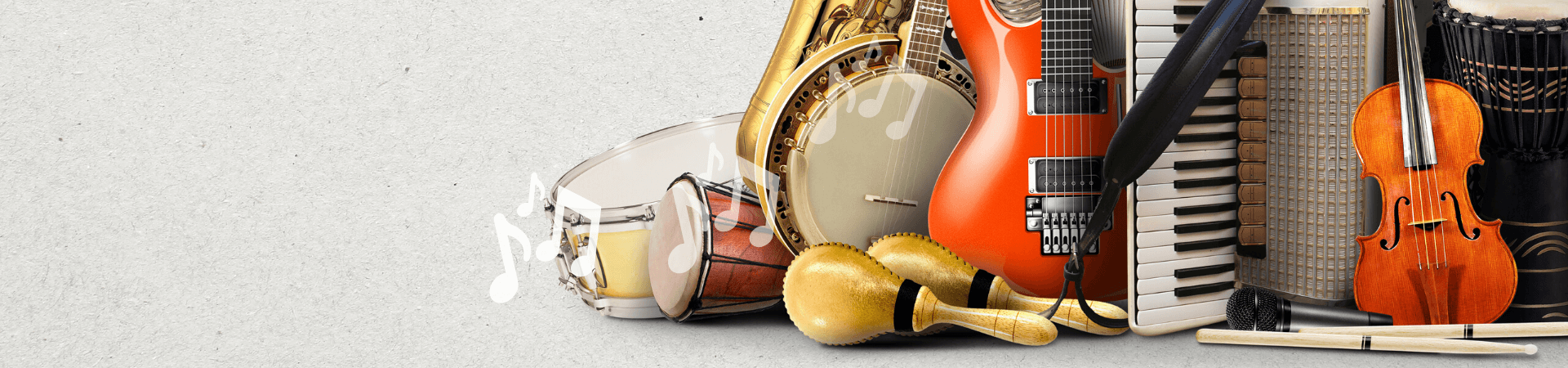 Dozens of different musical instruments, including drums, guitars, keyboards, violins, and more.