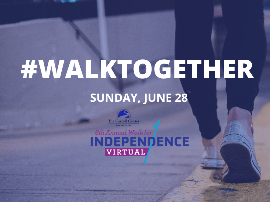 The foreground features the virtual 8th annual walk for Independence logo with text that reads "#WalkTogether, Sunday, June 28th." The rear view of someone's feet walking into the distance is in the background.