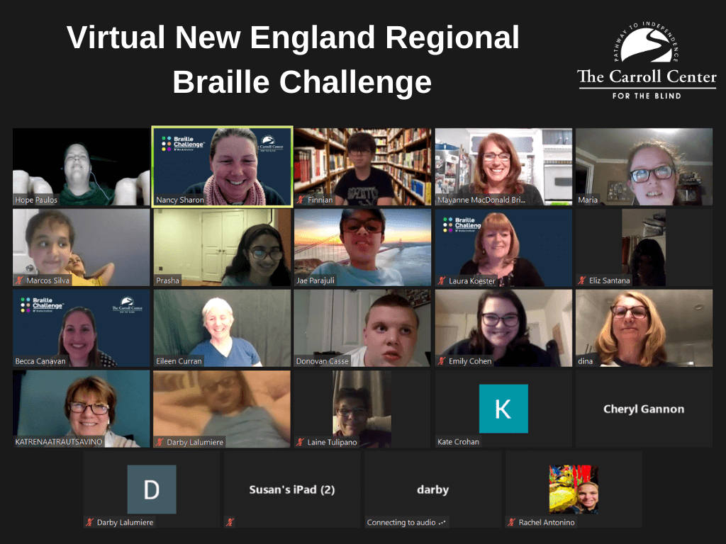 Screenshot of 24 participants in gallery view during the 21st annual new england regional braille challenge virtual zoom awards ceremony.
