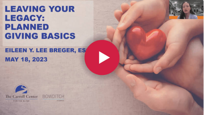 Screenshot of the title slide of the planned giving webinar. Small hands rest in the palms of larger hands with text that reads, Leaving Your Legacy, Planned Giving Basics.