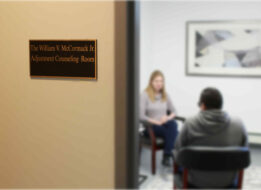 A client speaks with an adjustment counselor in the William V. McCormack Jr. Adjustment Counseling Room at the Carroll Center for the Blind.