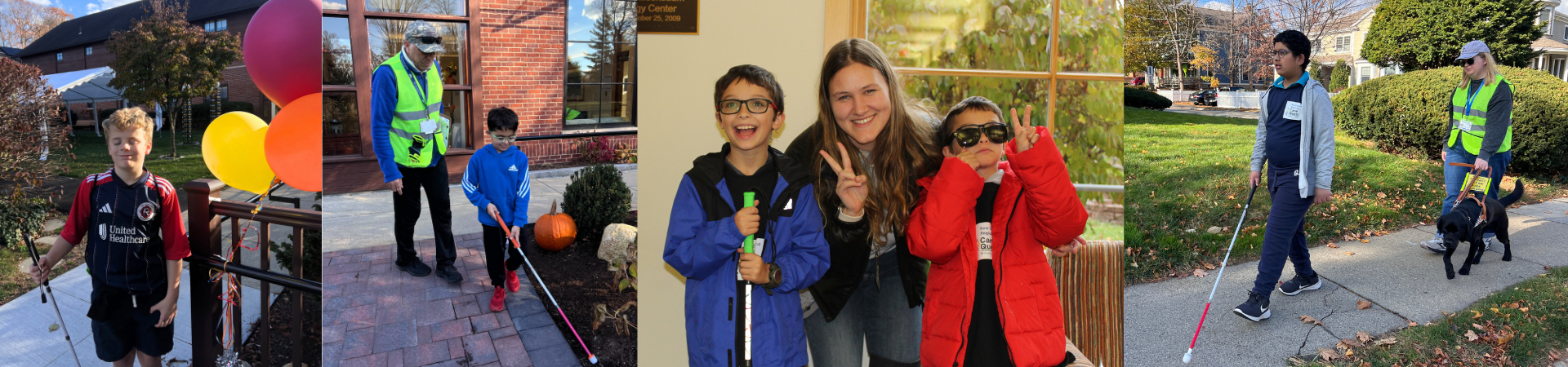 Collage of photos from the 2024 Cane Quest, featuring students walking with white canes next to instructors and posing for photos smiling.