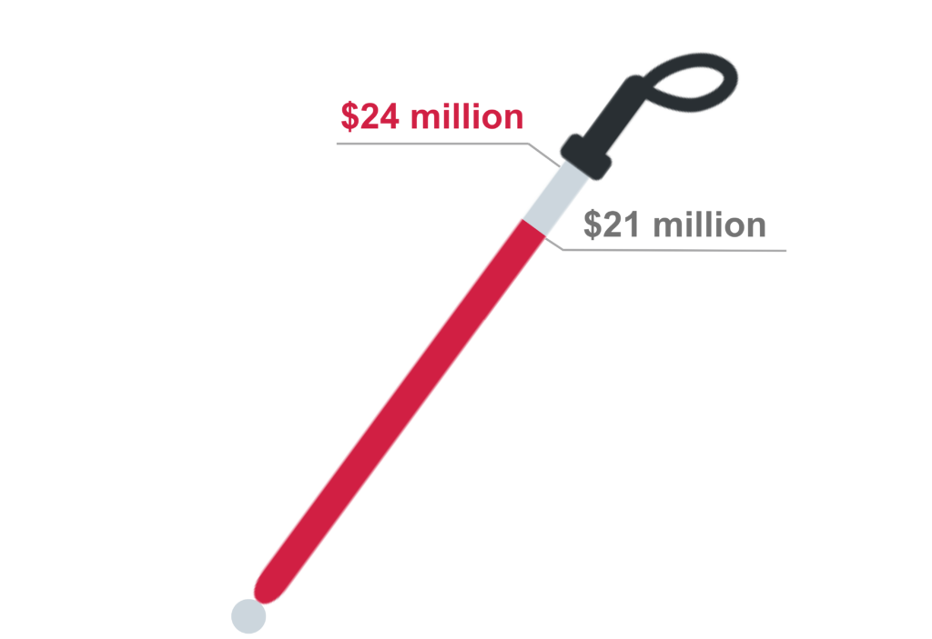 A graphic of a white cane showing a campaign goal of $24 million with $21 million reached so far