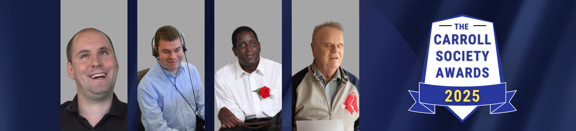 Four headshot photos of the 2025 Carroll Society Awards winners displayed in rounded rectangles against a blue background, with 'The Carroll Society Awards 2025' logo in the center. The Carroll Center for the Blind and MCB logos appear in the corners.