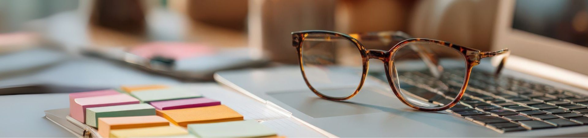 A grey laptop sits on a desk with a pair of brown glasses on top of it. There are colorful Post-it notes next to the laptop. The background is blurred with other items on the desk.