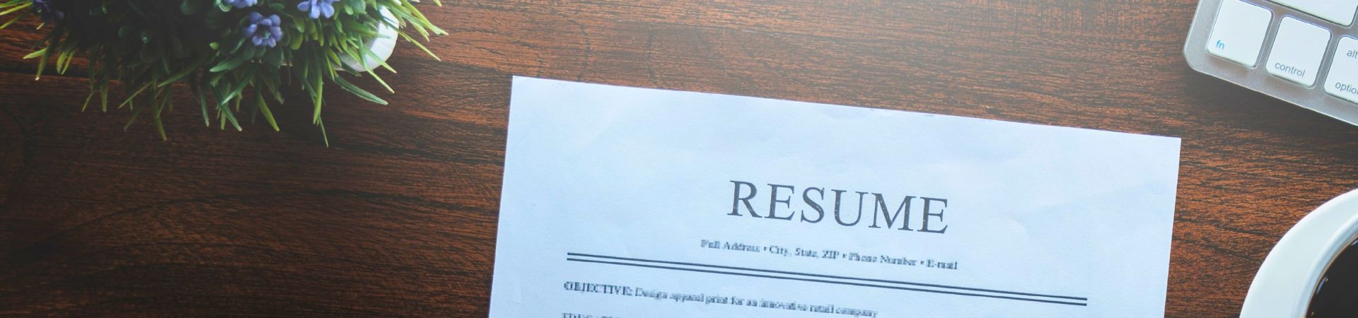 An image of a desk with a printed resume in the center. There is a small plant in the left corner and a computer keyboard and coffee cup on the right.