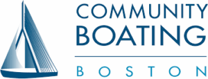 Community Boating Inc. logo. Graphic of sailboat to the left of the text, "Community Boating Boston".