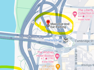 screenshot of google maps zoomed in on the Mass Eye and Ear Parking lot near the Charles/MGH T stop.
