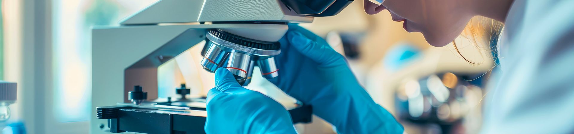 A researcher wearing blue gloves examines a sample through a microscope in a laboratory setting.